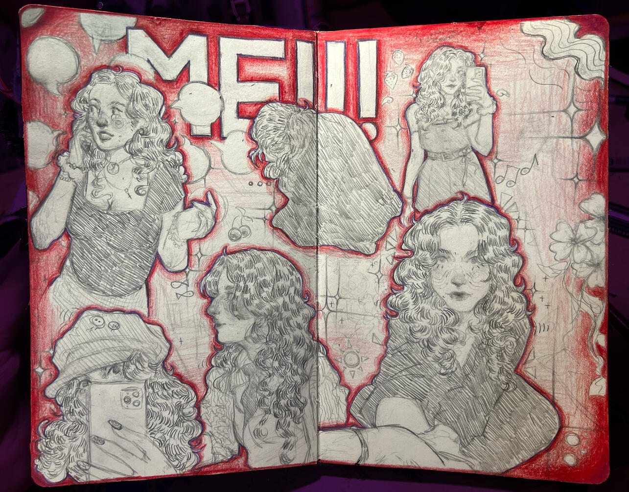 "me!" (december 2024) 》graphite and colored pencil sketchbook spread | $45