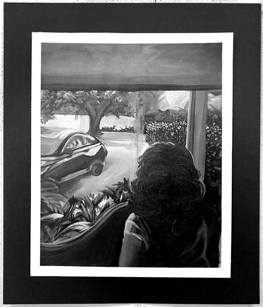 "maria" (october 2024) 》acrylic paint on canvas paper atop black mounting board | $155