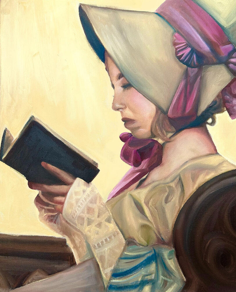 "bonneted in church (leyendecker study)" (may 2024) 》oil paint on 16x20 canvas | $165